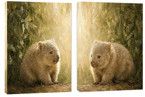 Soft wombat diptych canvas art with forest leaves for nursery or modern living room decor.