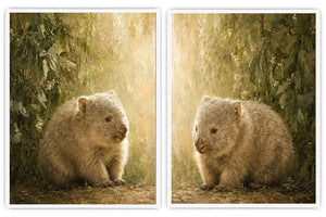 Soft wombat diptych canvas art with forest leaves for nursery or modern living room decor.
