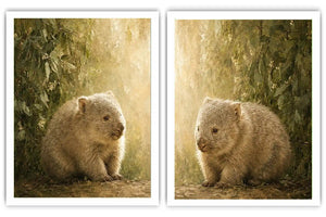 Soft wombat diptych canvas art with forest leaves for nursery or modern living room decor.