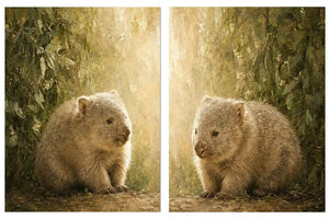 Soft wombat diptych canvas art with forest leaves for nursery or modern living room decor.