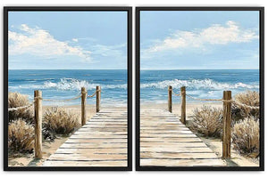 Coastal boardwalk diptych canvas art with ocean waves for modern beach house decor.