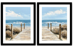 Coastal boardwalk diptych canvas art with ocean waves for modern beach house decor.
