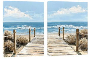 Coastal boardwalk diptych canvas art with ocean waves for modern beach house decor.