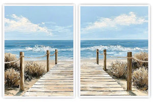 Coastal boardwalk diptych canvas art with ocean waves for modern beach house decor.