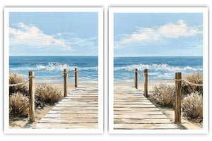 Coastal boardwalk diptych canvas art with ocean waves for modern beach house decor.