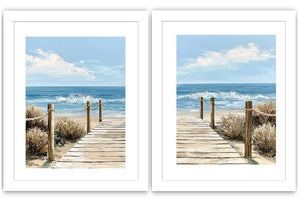 Coastal boardwalk diptych canvas art with ocean waves for modern beach house decor.