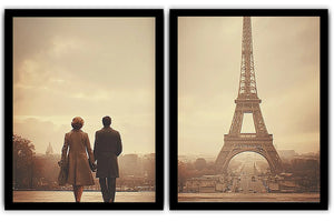 Vintage Paris diptych canvas art with Eiffel Tower and romantic couple for elegant living room decor.