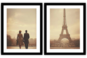 Vintage Paris diptych canvas art with Eiffel Tower and romantic couple for elegant living room decor.
