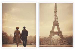 Vintage Paris diptych canvas art with Eiffel Tower and romantic couple for elegant living room decor.