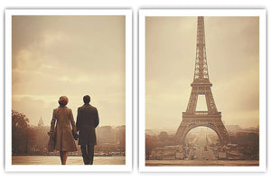 Vintage Paris diptych canvas art with Eiffel Tower and romantic couple for elegant living room decor.