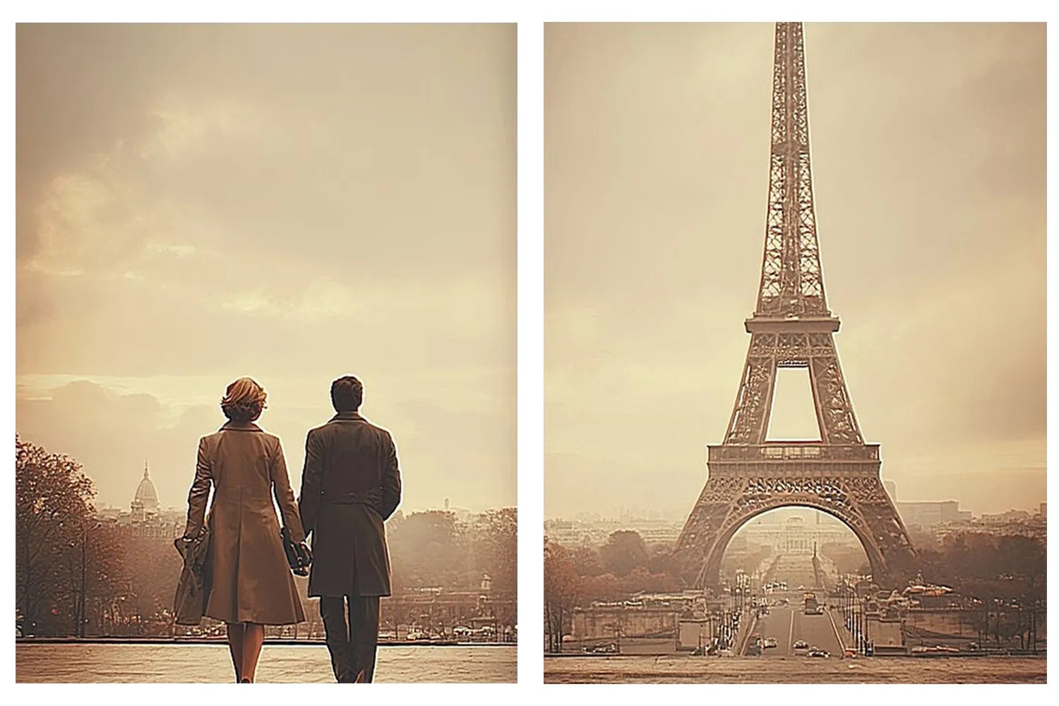 Vintage Paris diptych canvas art with Eiffel Tower and romantic couple for elegant living room decor.