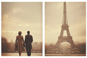 Vintage Paris diptych canvas art with Eiffel Tower and romantic couple for elegant living room decor.