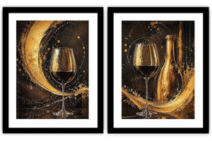 Black and gold wine glass canvas art with bottle for luxury dining room and home bar decor.