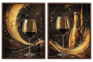 Black and gold wine glass canvas art with bottle for luxury dining room and home bar decor.
