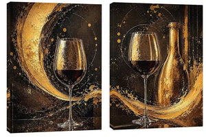 Black and gold wine glass canvas art with bottle for luxury dining room and home bar decor.