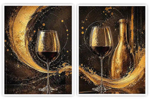 Black and gold wine glass canvas art with bottle for luxury dining room and home bar decor.