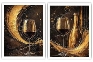 Black and gold wine glass canvas art with bottle for luxury dining room and home bar decor.