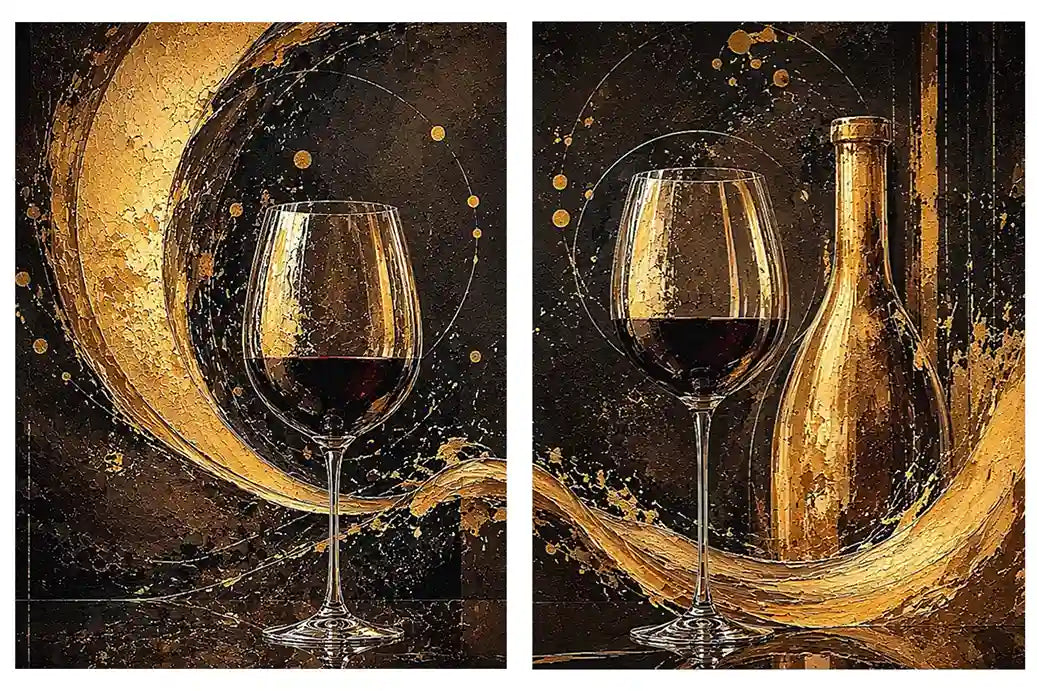 Black and gold wine glass canvas art with bottle for luxury dining room and home bar decor.