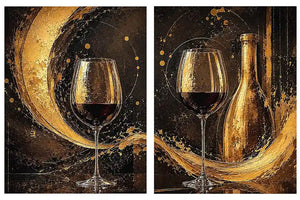 Black and gold wine glass canvas art with bottle for luxury dining room and home bar decor.