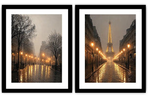 Moody Paris diptych canvas art with Eiffel Tower rain reflections and glowing street lights.