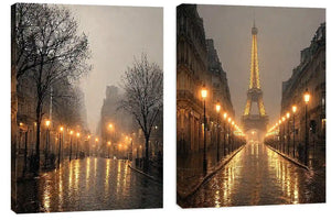 Moody Paris diptych canvas art with Eiffel Tower rain reflections and glowing street lights.