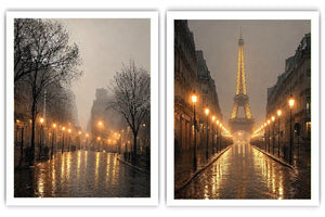 Moody Paris diptych canvas art with Eiffel Tower rain reflections and glowing street lights.