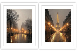 Moody Paris diptych canvas art with Eiffel Tower rain reflections and glowing street lights.