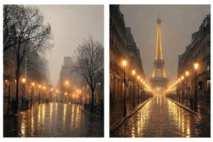 Moody Paris diptych canvas art with Eiffel Tower rain reflections and glowing street lights.