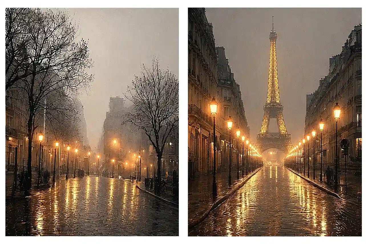 Moody Paris diptych canvas art with Eiffel Tower rain reflections and glowing street lights.
