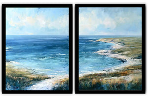 Blue coastal landscape canvas print for modern living room decor.