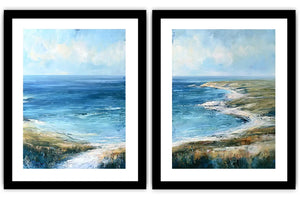 Blue coastal landscape canvas print for modern living room decor.