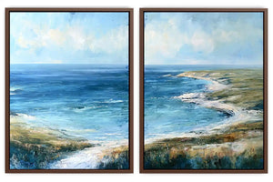 Blue coastal landscape canvas print for modern living room decor.