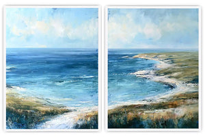 Blue coastal landscape canvas print for modern living room decor.