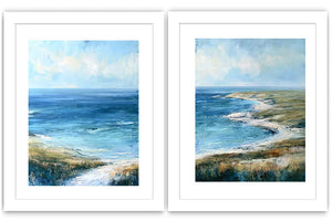 Blue coastal landscape canvas print for modern living room decor.