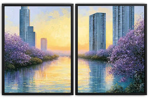 Lavender cityscape canvas art for modern apartment living room decor.