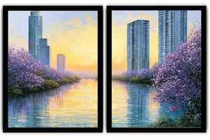 Lavender cityscape canvas art for modern apartment living room decor.
