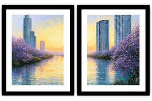 Lavender cityscape canvas art for modern apartment living room decor.