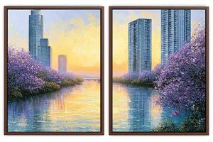 Lavender cityscape canvas art for modern apartment living room decor.