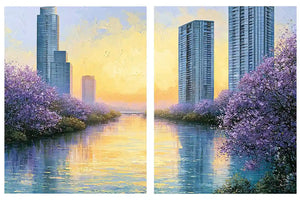 Lavender cityscape canvas art for modern apartment living room decor.