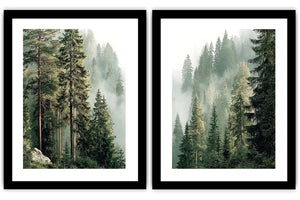 Misty evergreen forest canvas art for calm modern living room decor.