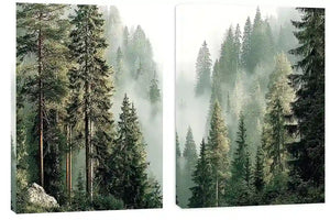 Misty evergreen forest canvas art for calm modern living room decor.