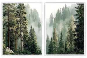Misty evergreen forest canvas art for calm modern living room decor.