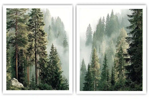 Misty evergreen forest canvas art for calm modern living room decor.