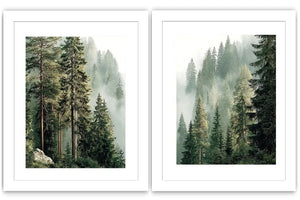 Misty evergreen forest canvas art for calm modern living room decor.
