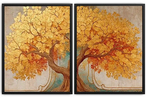 Golden tree canvas wall art for elegant luxury living room decor.