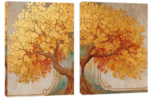 Golden tree canvas wall art for elegant luxury living room decor.