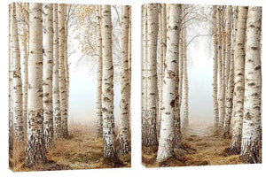 Neutral birch forest canvas art for calm bedroom wall decor.