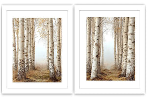 Neutral birch forest canvas art for calm bedroom wall decor.