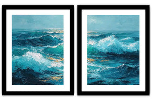 Blue ocean wave canvas art for dramatic modern living room decor.