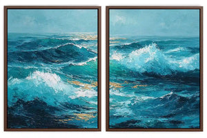 Blue ocean wave canvas art for dramatic modern living room decor.